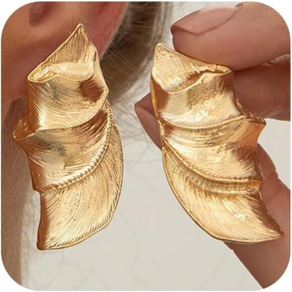 Gold & Silver Wavy Pleated Stud Earrings – Irregular Geometric Statement Jewelry - Picture 1 of 5